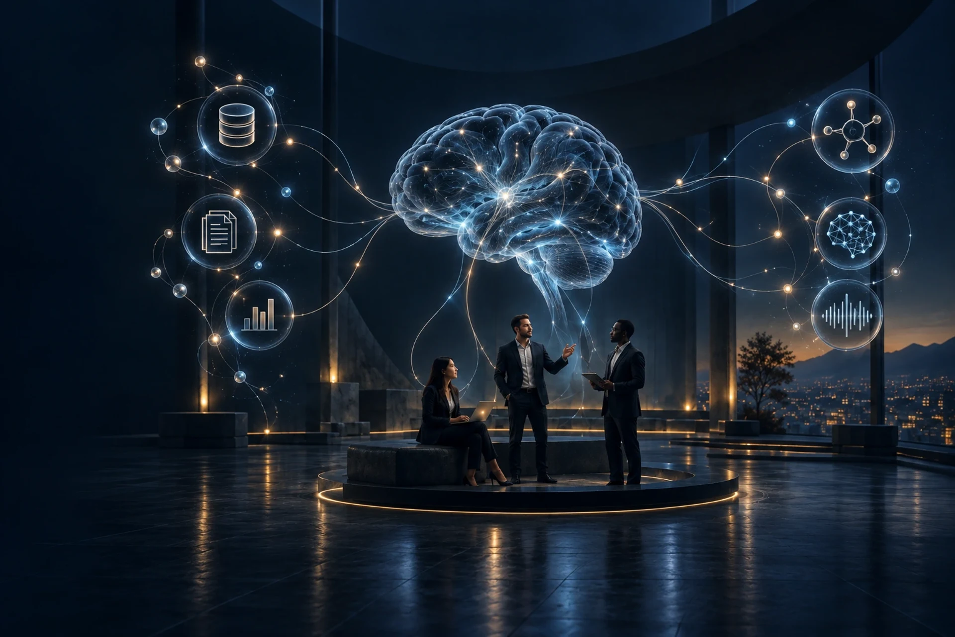 Cérebro conectado a profissionais colaborando com inteligência artificial